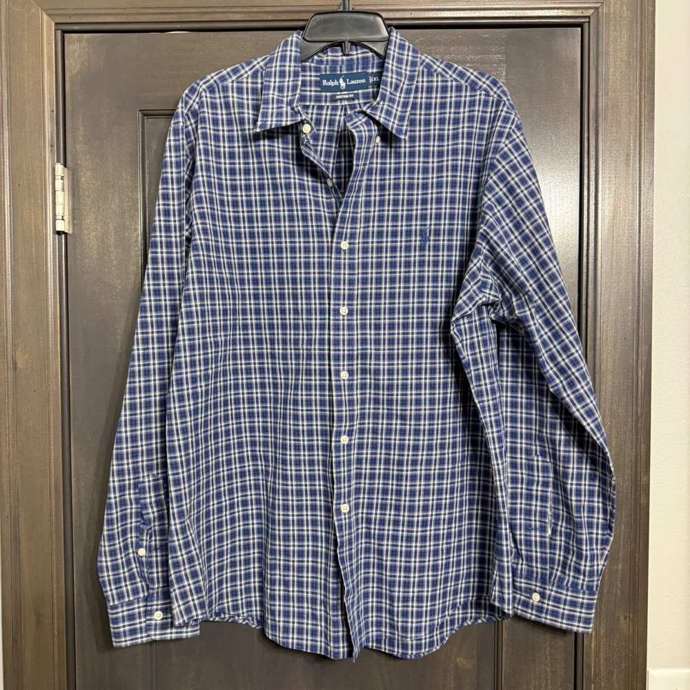 Ralph Lauren Mens XL Custom Fit Plaid Button Down Shirt Blue White Long Sleeve